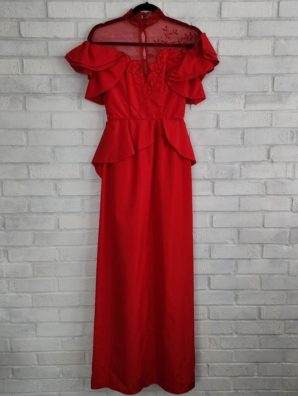 70s 80s Vintage Peplum Red Floor Length Formal Dress Prom Wedding Retro XS/S